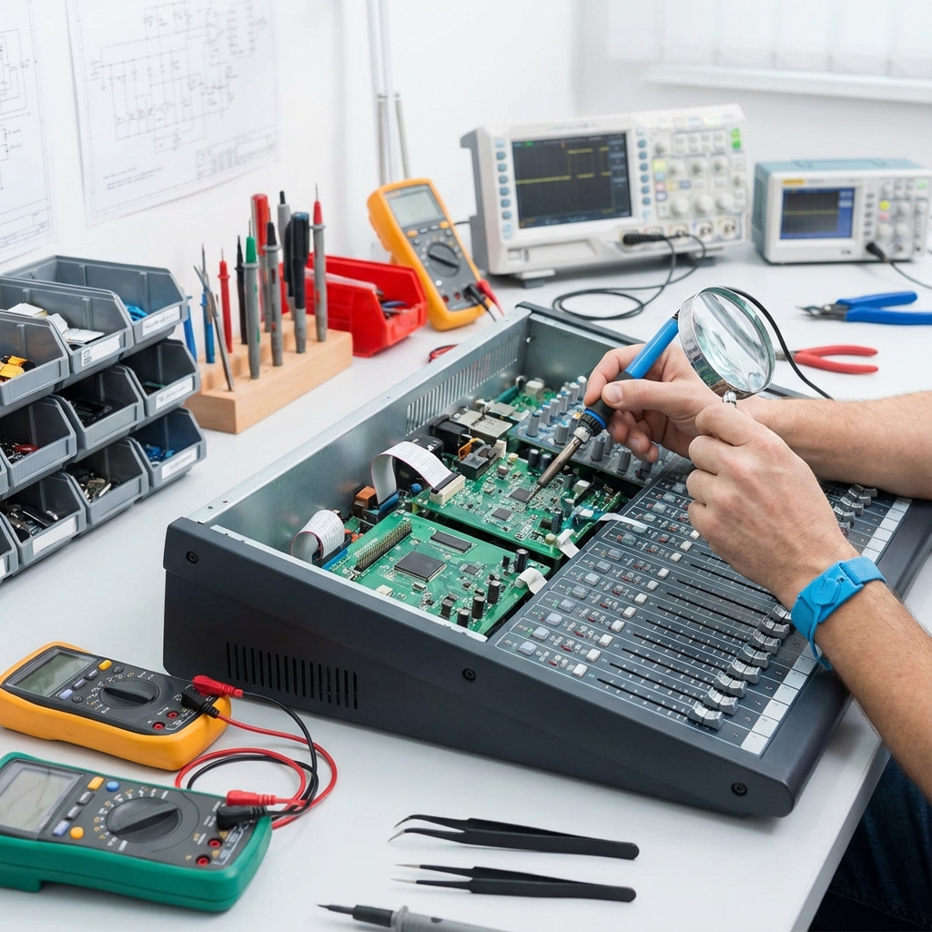 Professional technician repairing electronics in a workshop